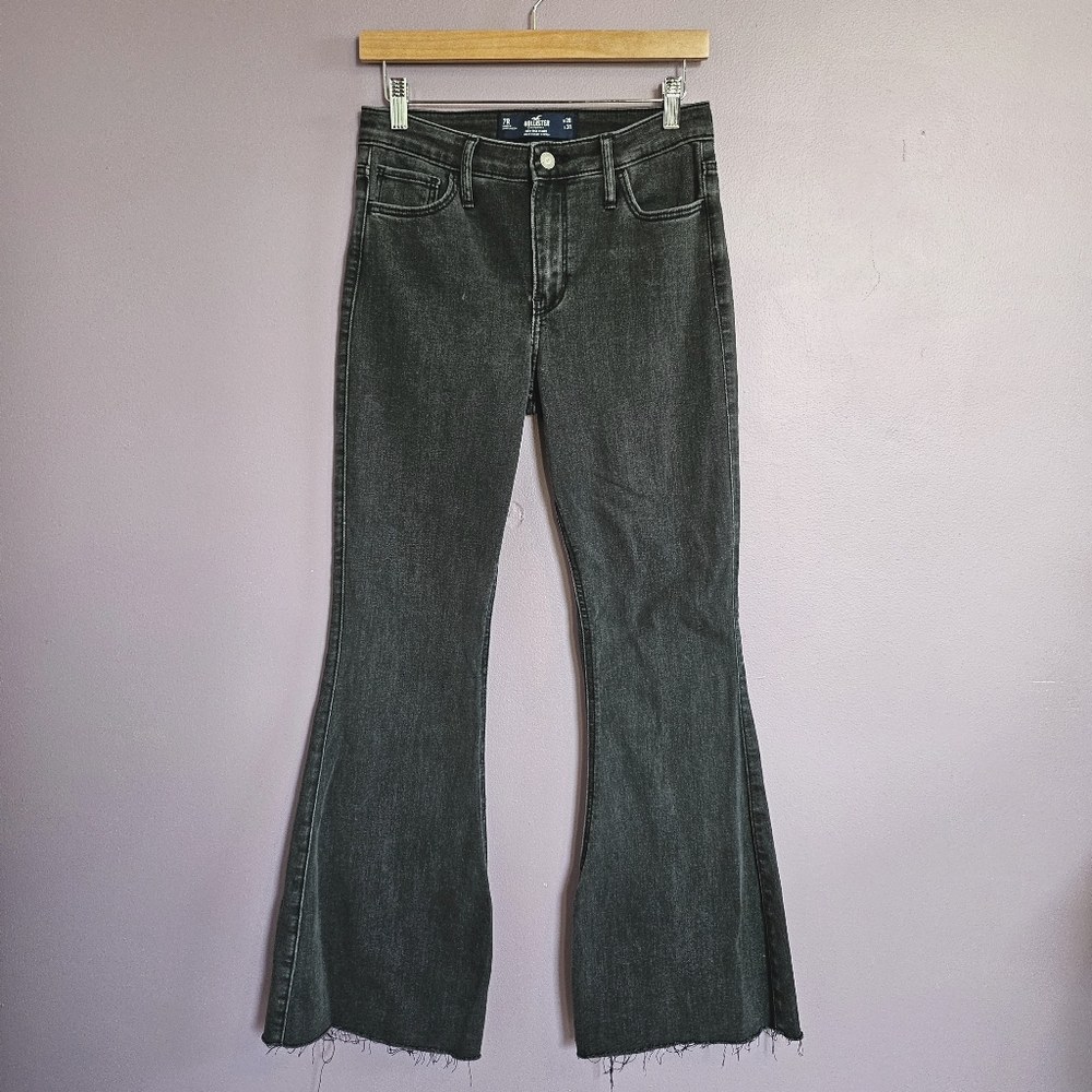 Hollister Washed Black Boho Hippie Soft Stretch High Rise Split Leg Flare Jeans
